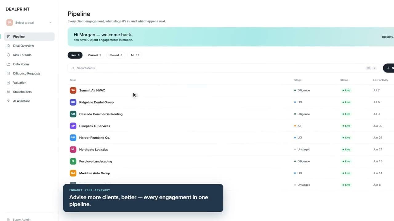 DEALPRINT advisory workflow shown in the app