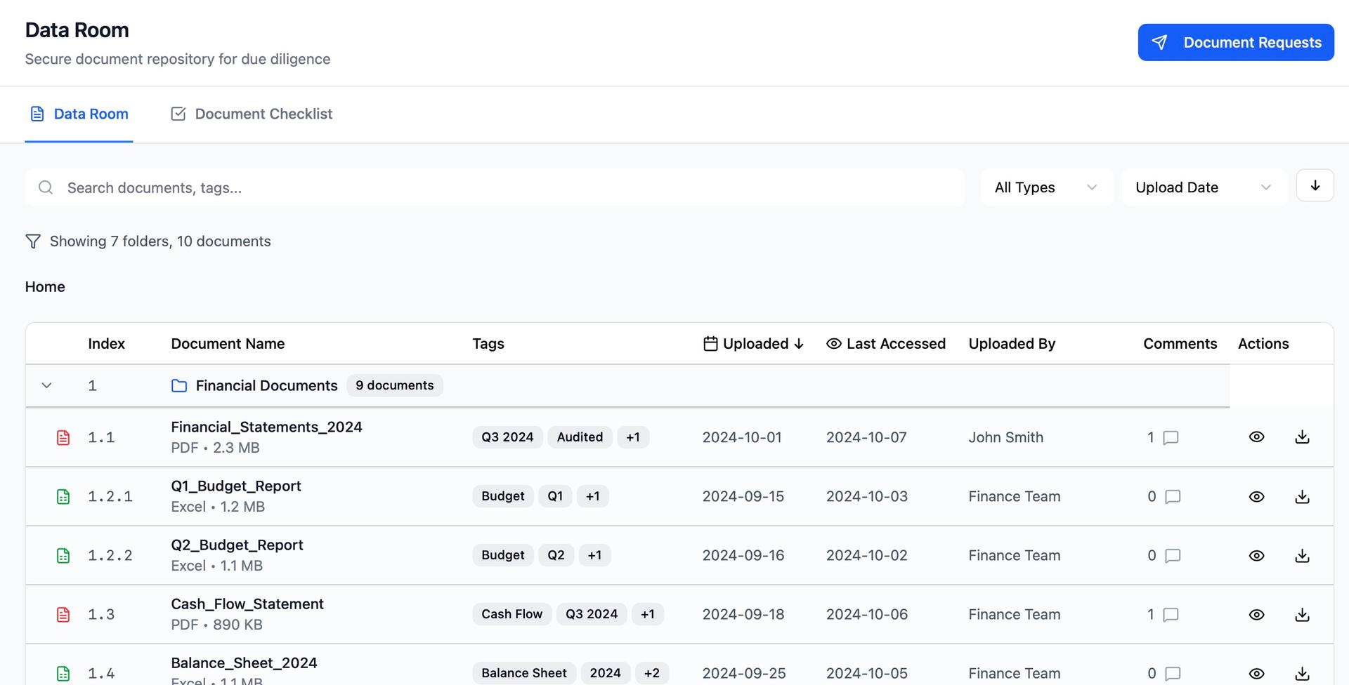 DEALPRINT data room showing automatically organized document categories