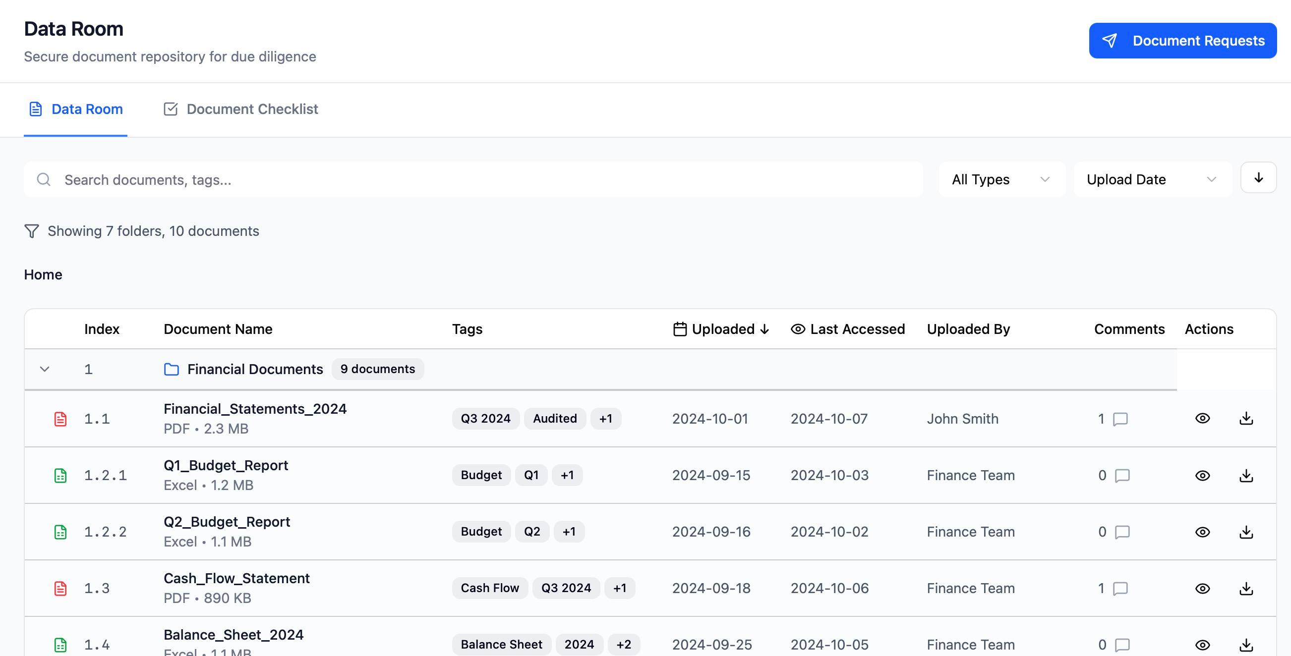 DEALPRINT data room showing automatically organized document categories