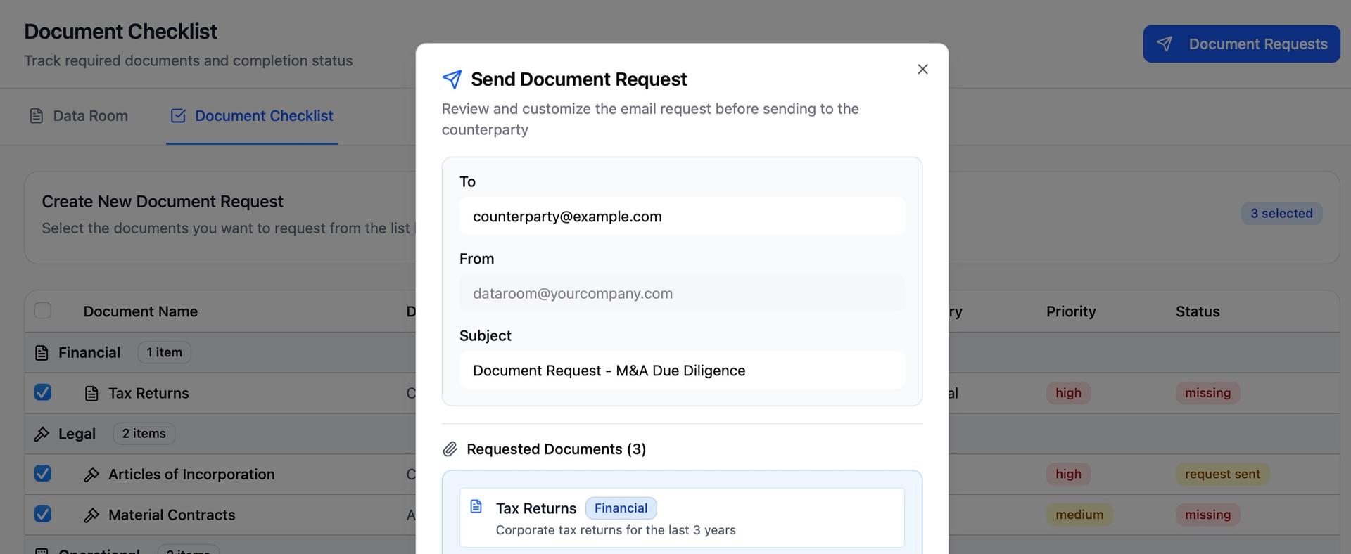 DEALPRINT automated document request list generated from uploaded files