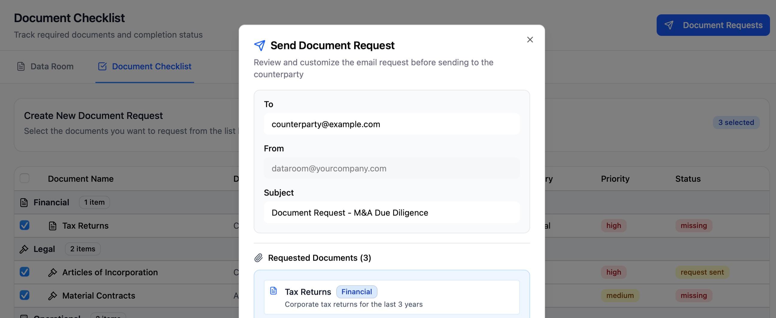 DEALPRINT automated document request list generated from uploaded files