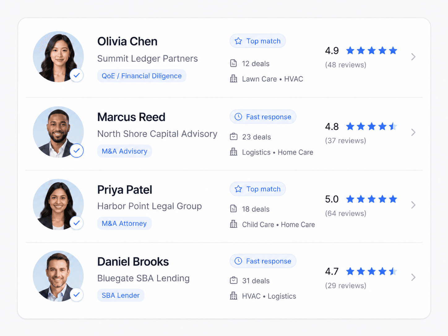 DEALPRINT advisor marketplace showing vetted, star-rated CPAs, attorneys, and lenders
