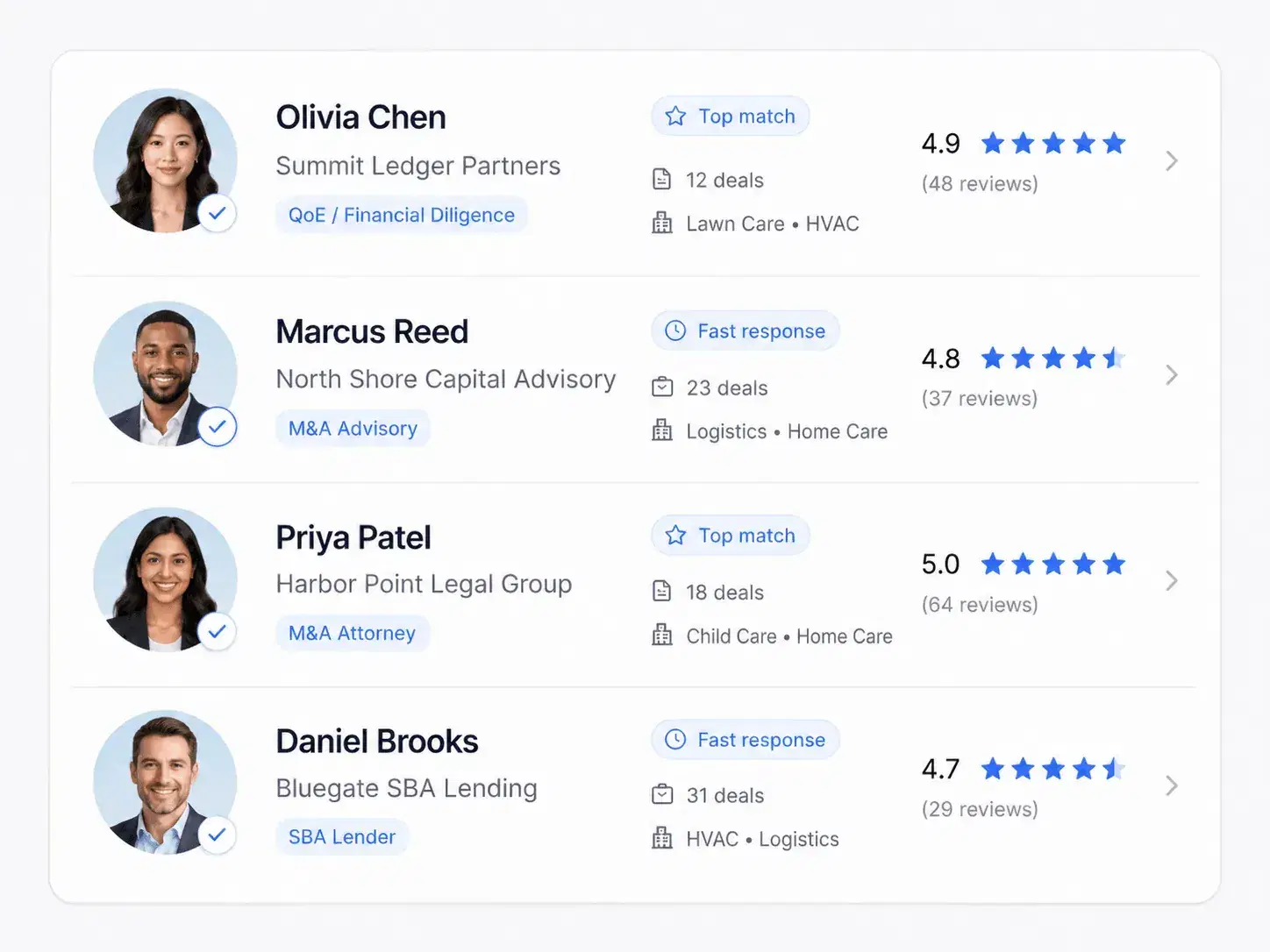 DEALPRINT advisor marketplace showing vetted, star-rated CPAs, attorneys, and lenders