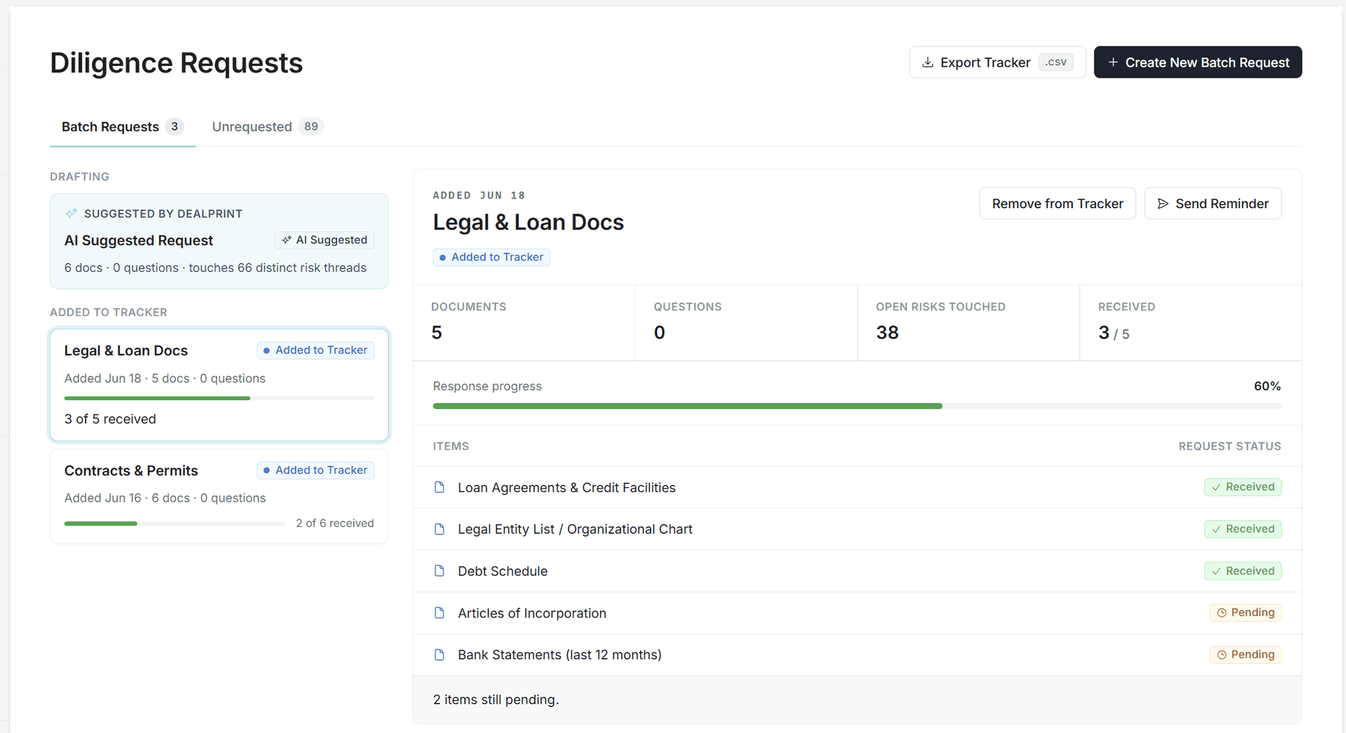 DEALPRINT diligence requests tracker