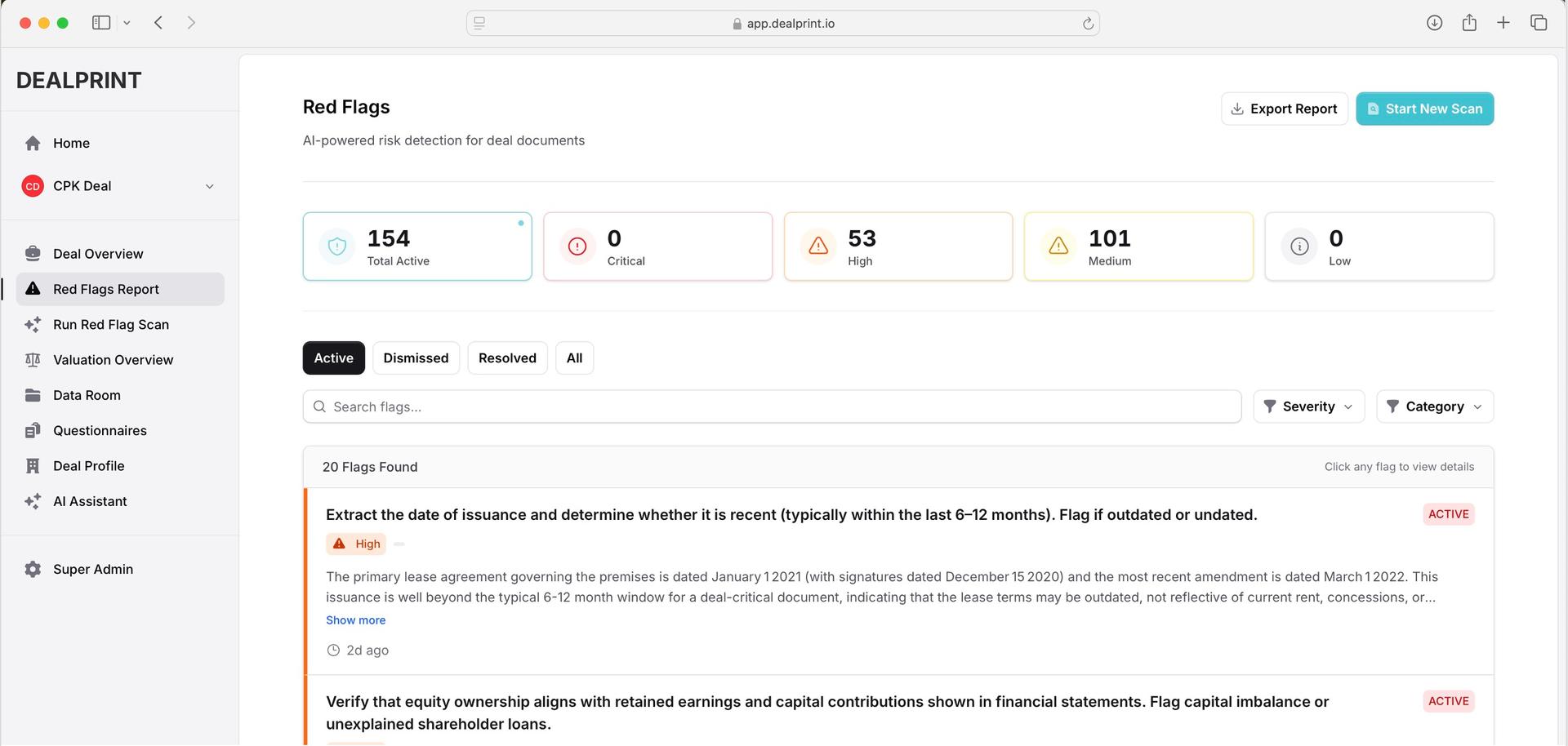 DEALPRINT red flags report showing risk areas, valuation summary, and document request list