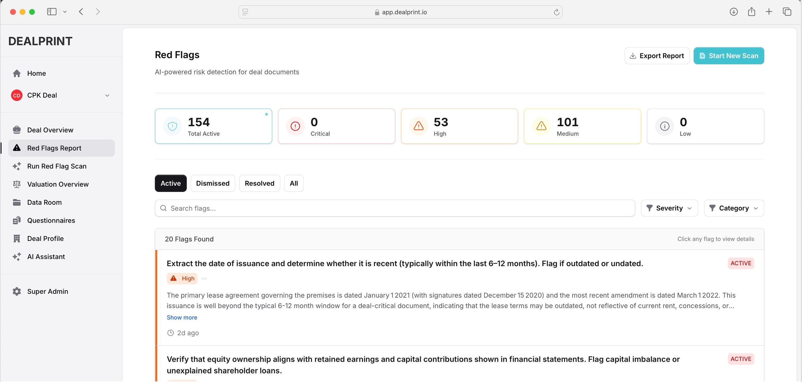 DEALPRINT red flags report showing risk areas, valuation summary, and document request list