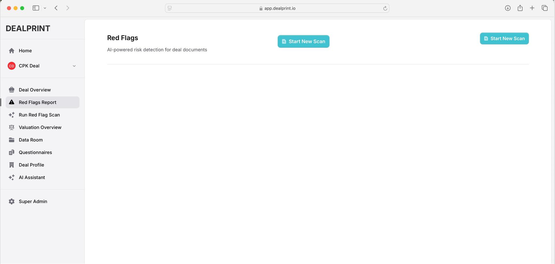 DEALPRINT one-click scan button that launches AI-powered due diligence analysis