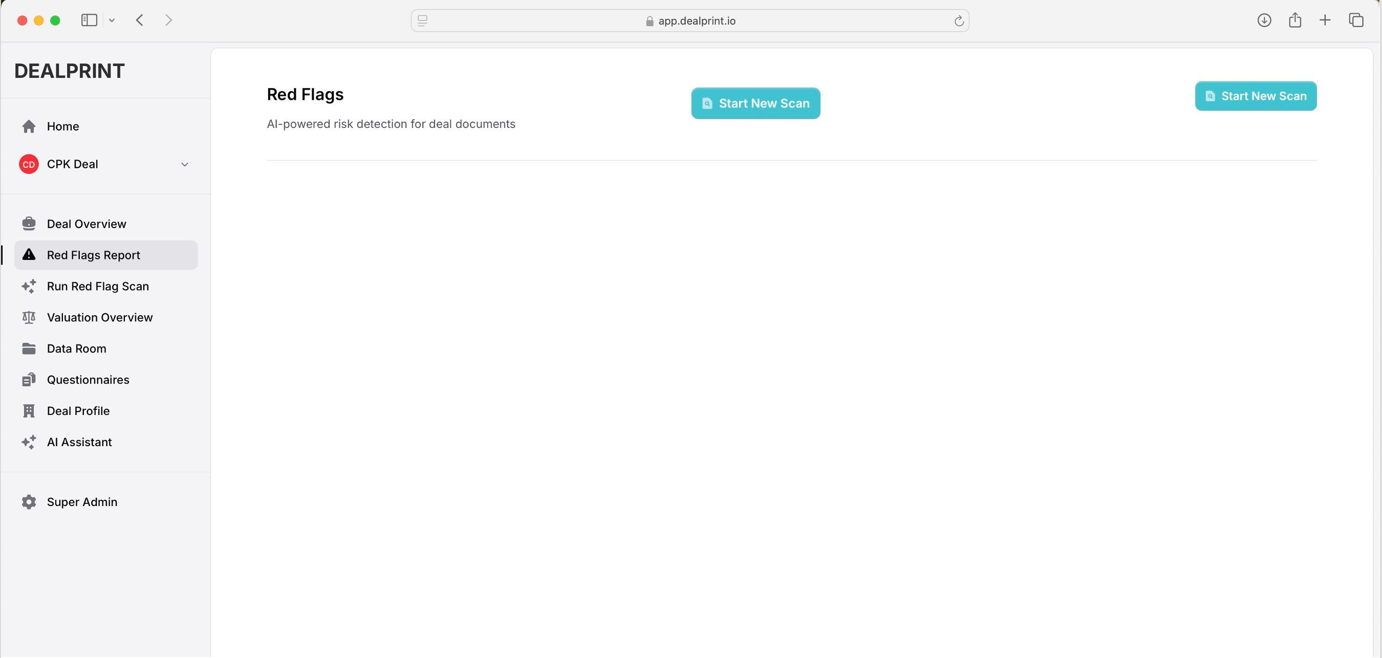 DEALPRINT one-click scan button that launches AI-powered due diligence analysis