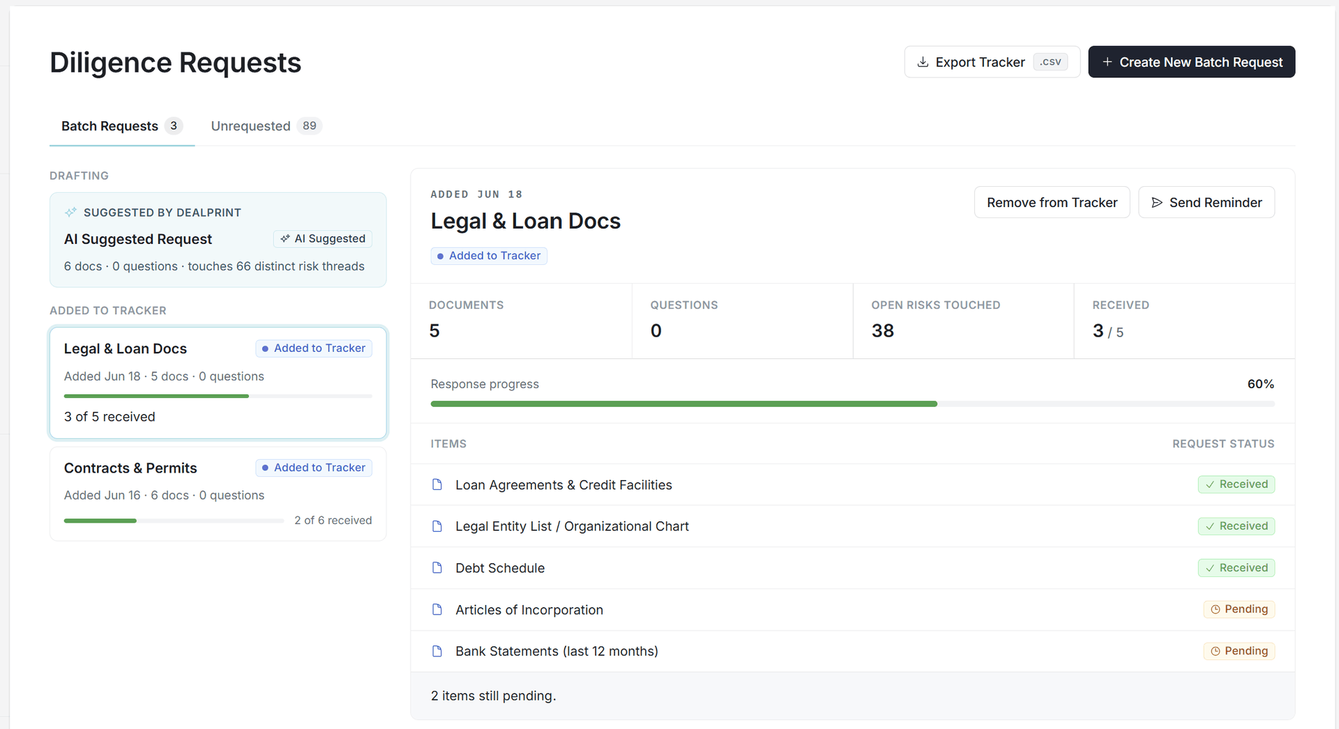 DEALPRINT diligence requests tracker showing document batches, response progress, and request status