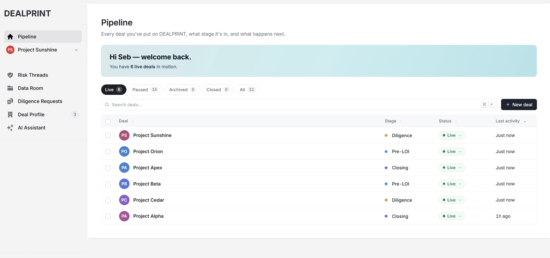 DEALPRINT deal pipeline showing live M&A deals by stage and status