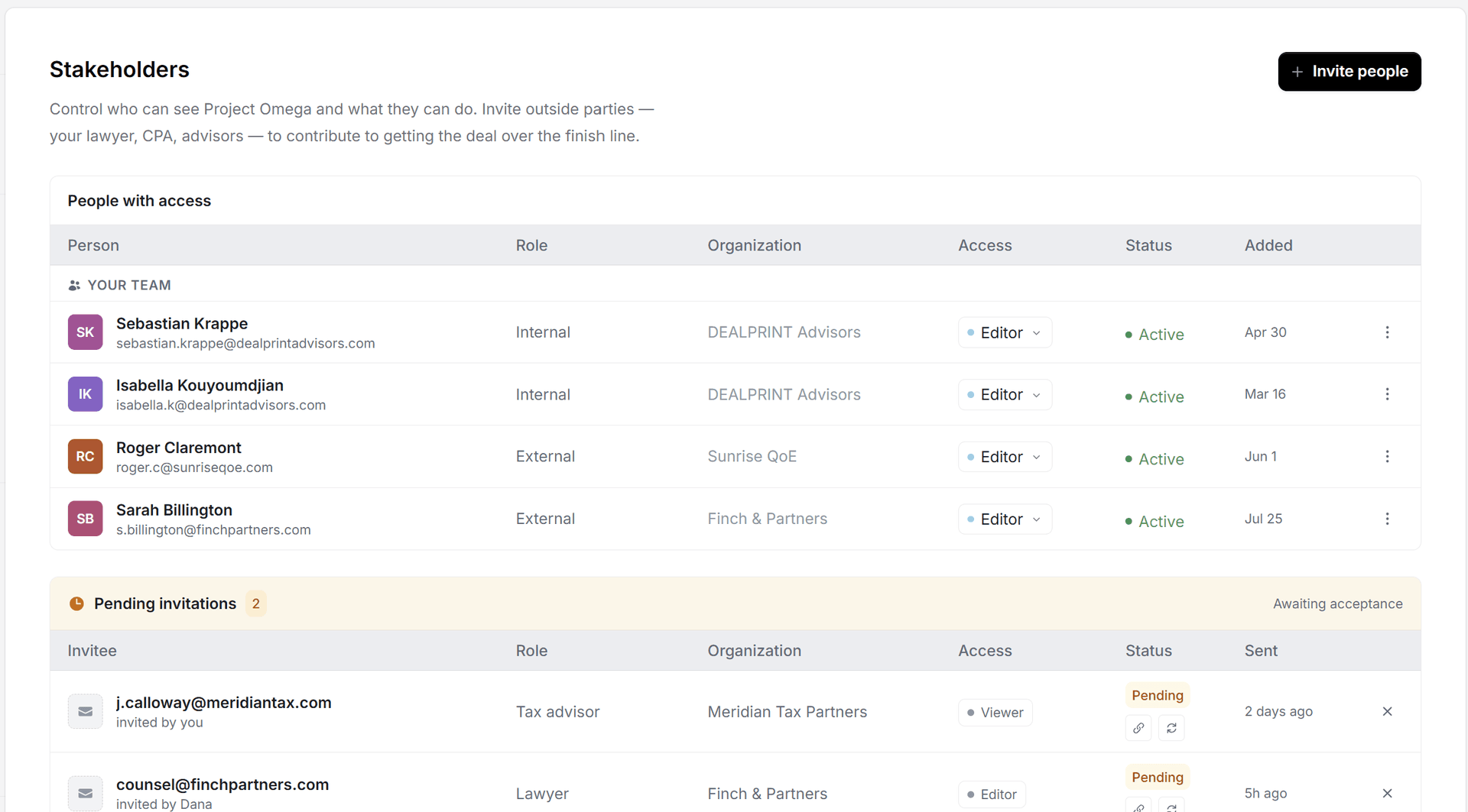 DEALPRINT stakeholders panel showing deal access for advisors, lawyers, and CPAs with roles and pending invitations