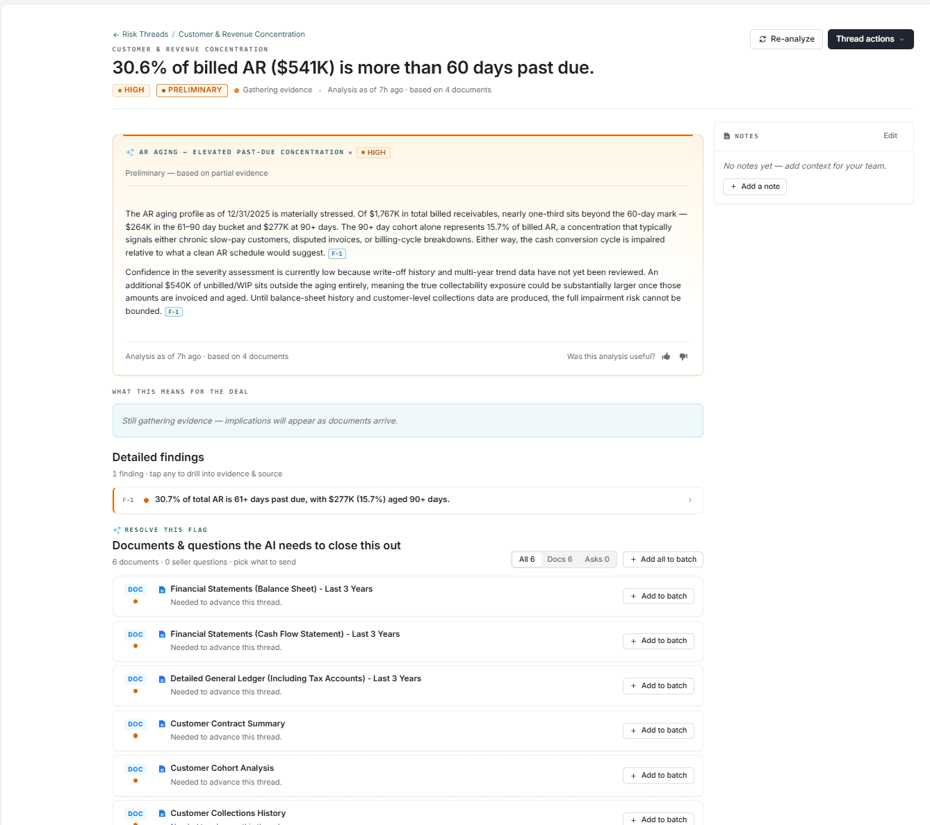 DEALPRINT risk thread drill-down surfacing a flagged accounts-receivable finding with detailed analysis