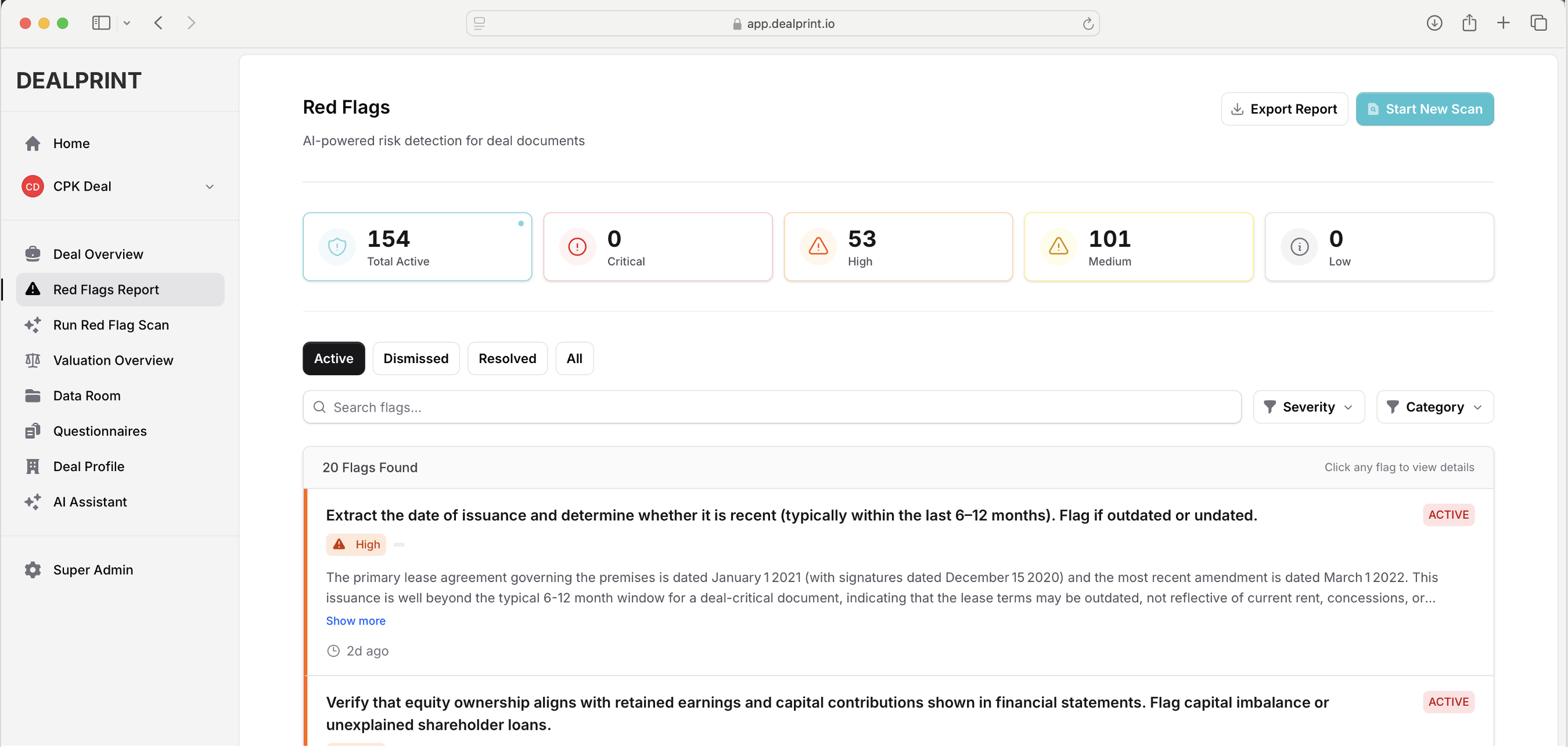 Screenshot demonstrating Review diligence report